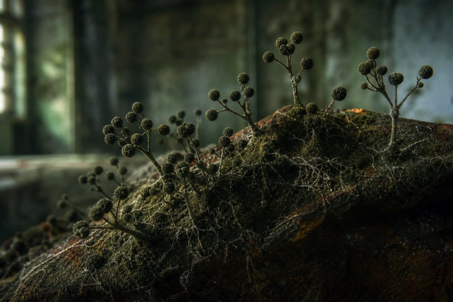 Colonia de Cladosporium sphaerospermum, el hongo negro radiotrófico descubierto en el reactor de Chernóbil, sobre superficie metálica oxidada