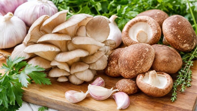 Plato con hongos comestibles frescos como fuente de proteína, alternativa a la carne en la dieta argentina