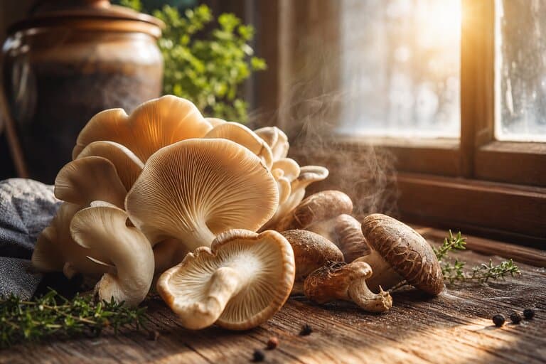 Hongos frescos variados (gírgolas y shiitake) sobre mesa de madera con luz solar entrando por una ventana