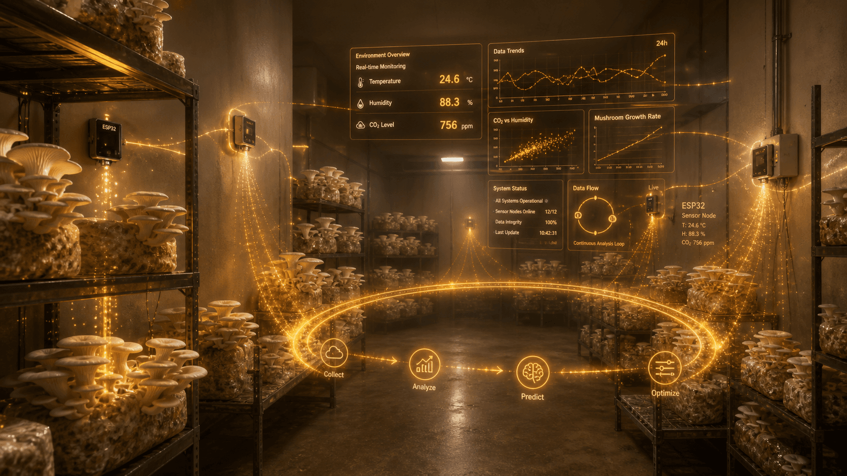 Diagrama conceptual del sistema Honguera: bloques de cultivo de hongos conectados a un nodo de machine learning, con flujos circulares desde subproductos agrícolas hacia nuevo crecimiento