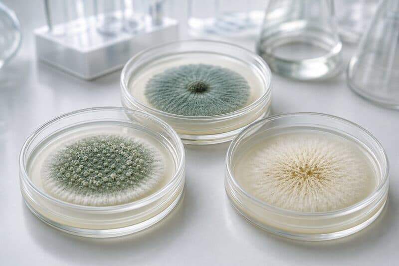 Tres colonias de hongos filamentosos en placas de Petri: los cultivos que permitieron descubrir 18 moléculas nuevas, 8 de ellas desconocidas para la ciencia