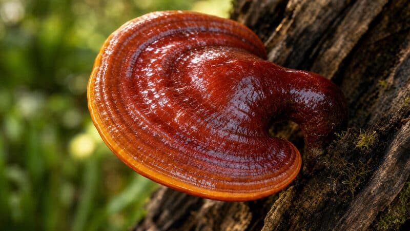 Ganoderma lucidum reishi hongo medicinal de color rojo brillante sobre madera