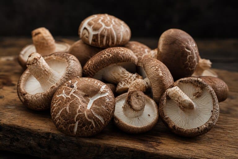 Shiitake fresco laminado sobre tabla de madera, fondo oscuro con iluminación natural
