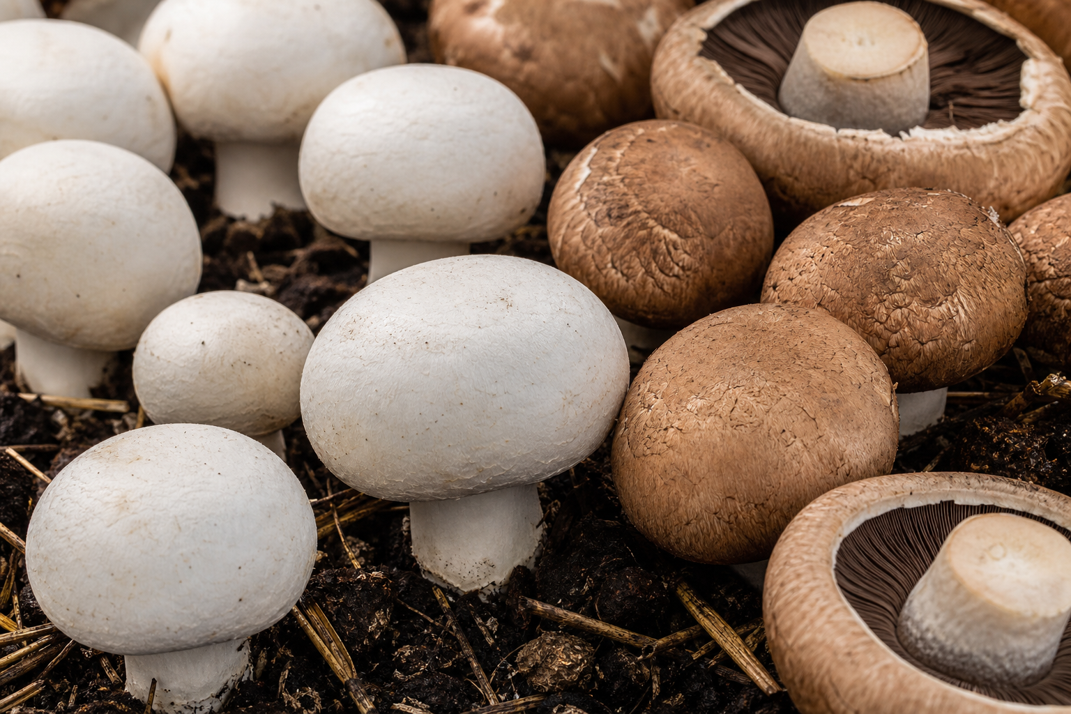 Champignon blanco y portobello cultivados sobre compost en Buenos Aires