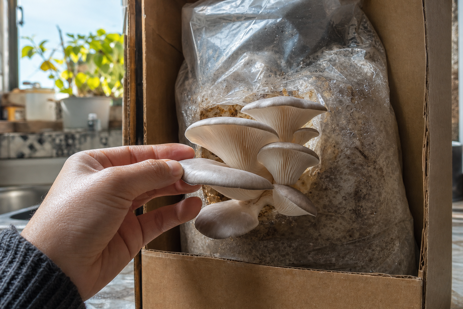 Kit de cultivo casero de gírgolas con micelio colonizando el sustrato
